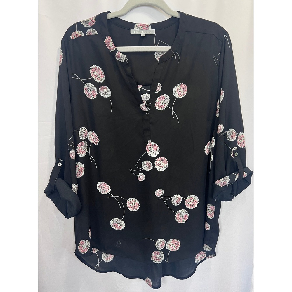 Daniel Rainn Black Floral Split Neck Roll Tab Sleeve Blouse XL Hydrangea Print